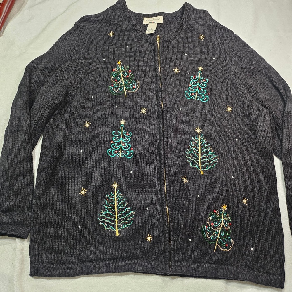 Bechamel Christmas Tree Embroidered‎ Zip Up Sweater Womens 2X